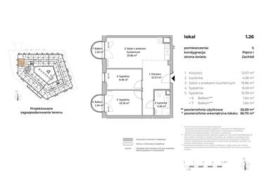 Rzut - Mieszkanie na sprzedaż 3 pokoje o powierzchni 55,24 m² - numer 1.26 w OVAL SKY