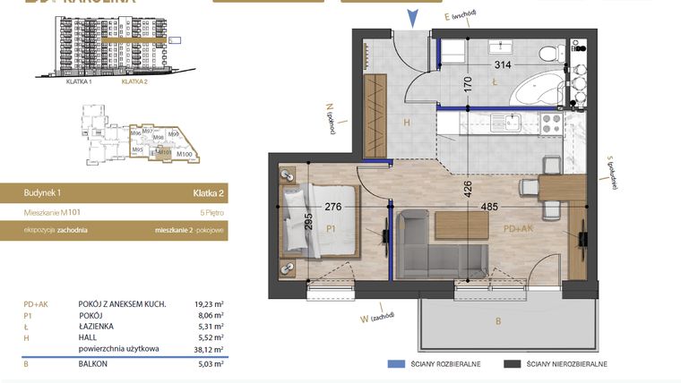 Rzut - Mieszkanie na sprzedaż 2 pokoje o powierzchni 38,12 m² - numer 101 w Osiedle Dakar Karolina