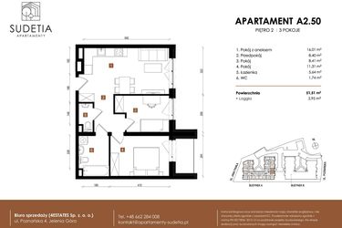 Rzut - Mieszkanie na sprzedaż 3 pokoje o powierzchni 51,51 m² - numer A 2.50 w Apartamenty Sudetia