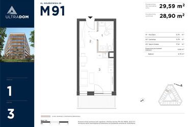 Rzut - Mieszkanie na sprzedaż 1 pokój o powierzchni 29,59 m² - numer M091 w Ultradom