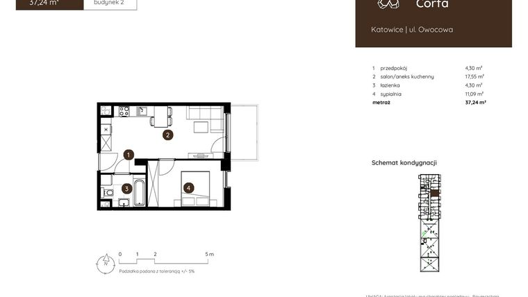 Rzut - Mieszkanie na sprzedaż 2 pokoje o powierzchni 37,24 m² - numer 2.A.6.04 w Murapol Corfa