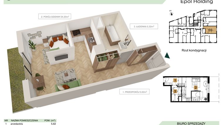 Rzut - Mieszkanie na sprzedaż 1 pokój o powierzchni 35,14 m² - numer B1.M3 w Tutaj Bunscha