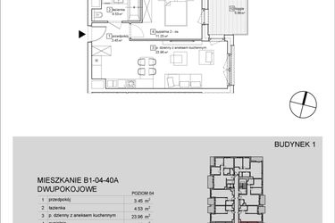 Rzut - Mieszkanie na sprzedaż 2 pokoje o powierzchni 43,19 m² - numer B1-04-40A w Francuska Park IX