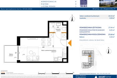 Rzut - Mieszkanie na sprzedaż 1 pokój o powierzchni 27,69 m² - numer 3.01 w The Blue