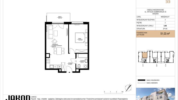 Rzut - Mieszkanie na sprzedaż 2 pokoje o powierzchni 51,03 m² - numer 3.A8 w Gombrowicza 33 - etap II