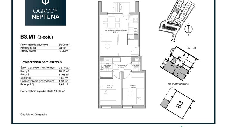 Rzut - Mieszkanie na sprzedaż 3 pokoje o powierzchni 56,99 m² - numer B3.M1 w Ogrody Neptuna
