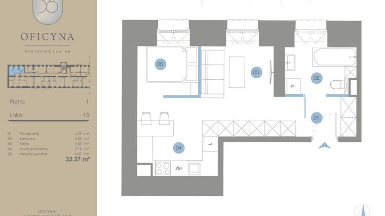 Rzut - Mieszkanie na sprzedaż 1 pokój o powierzchni 32,37 m² - numer 13 w Oficyna - Apartamenty Inwestycyjne Apart Hotel