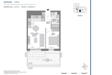 Rzut - Mieszkanie na sprzedaż 2 pokoje o powierzchni 42,43 m² - numer A.0.10 w Linea bud. A