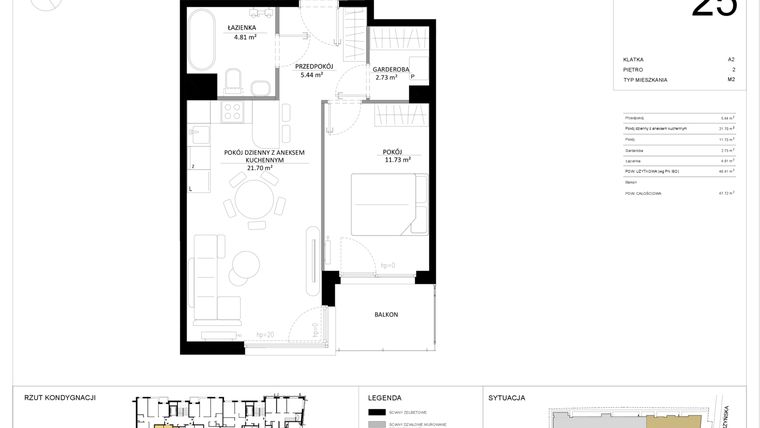 Rzut - Mieszkanie na sprzedaż 2 pokoje o powierzchni 46,41 m² - numer 25 w SILO