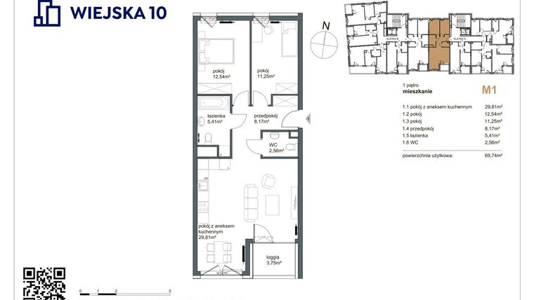 Rzut - Mieszkanie na sprzedaż 3 pokoje o powierzchni 69,74 m² - numer 1 w Wiejska 10