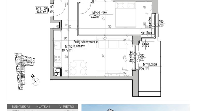 Rzut - Mieszkanie na sprzedaż 2 pokoje o powierzchni 49,17 m² - numer 74 w Aleja