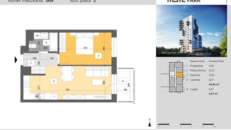 Rzut - Mieszkanie na sprzedaż 2 pokoje o powierzchni 44,46 m² - numer 9 w Dworzysko Park - Etap III