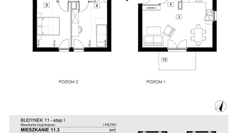 Rzut - Mieszkanie na sprzedaż 3 pokoje o powierzchni 74,41 m² - numer 11.3 w Jasieny