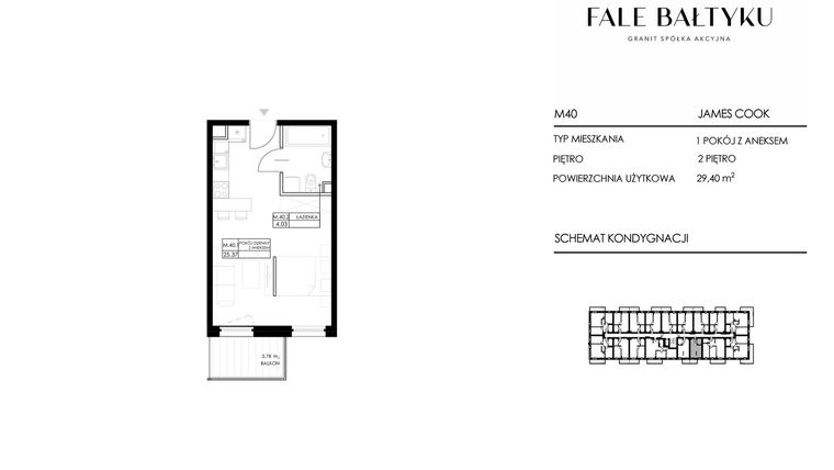 Rzut - Mieszkanie na sprzedaż 1 pokój o powierzchni 29,4 m² - numer FBJC-M40 w Fale Bałtyku Cook