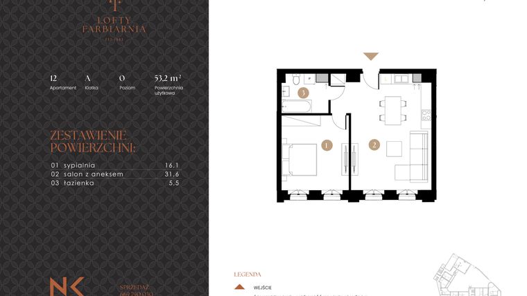 Rzut - Mieszkanie na sprzedaż 2 pokoje o powierzchni 53,2 m² - numer 12 w Lofty Farbiarnia