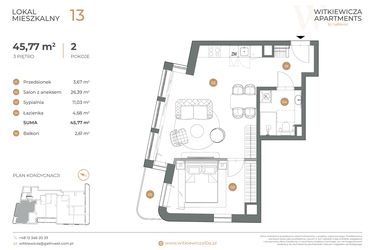 Rzut - Mieszkanie na sprzedaż 2 pokoje o powierzchni 45,77 m² - numer 13 w Witkiewicza Apartments
