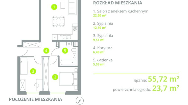 Rzut - Mieszkanie na sprzedaż 3 pokoje o powierzchni 55,72 m² - numer 2-2.1.3 w Przyjazny Smolec