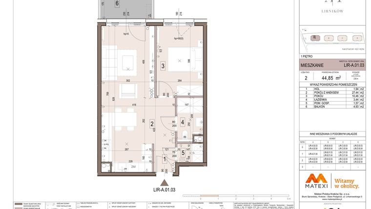 Rzut - Mieszkanie na sprzedaż 2 pokoje o powierzchni 44,85 m² - numer A.01.03 w Takt Lirników