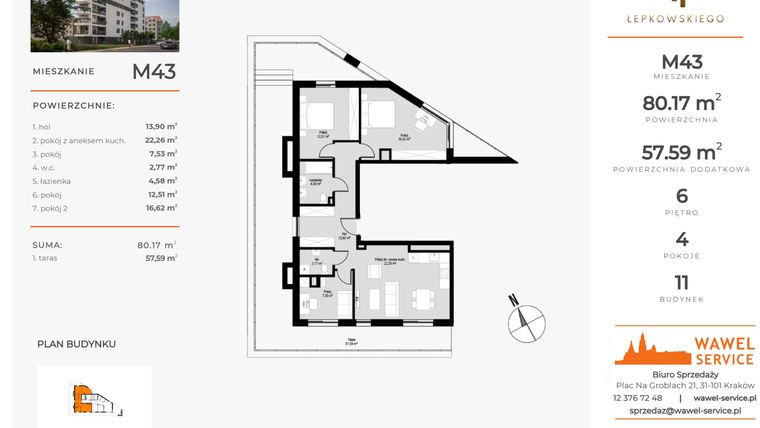 Rzut - Mieszkanie na sprzedaż 4 pokoje o powierzchni 80,17 m² - numer M43 w Łepkowskiego 11