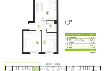 Rzut - Mieszkanie na sprzedaż 3 pokoje o powierzchni 63,17 m² - numer 1K1 M2 w Osiedle Krzeptów przy lesie