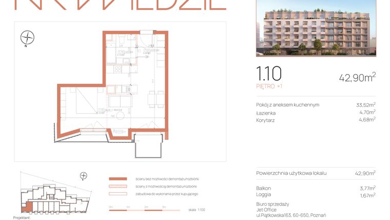 Rzut - Mieszkanie na sprzedaż 1 pokój o powierzchni 42,9 m² - numer 1.10 w Na Wildzie