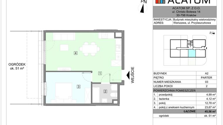Rzut - Mieszkanie na sprzedaż 2 pokoje o powierzchni 45,56 m² - numer A2.3 w Wawer Go 2.0