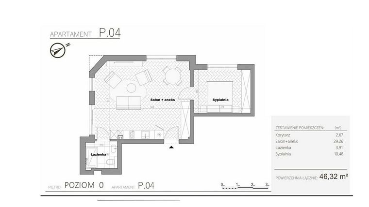 Rzut - Mieszkanie na sprzedaż 2 pokoje o powierzchni 46,32 m² - numer 0.4 w Villa Książąt Pomorskich