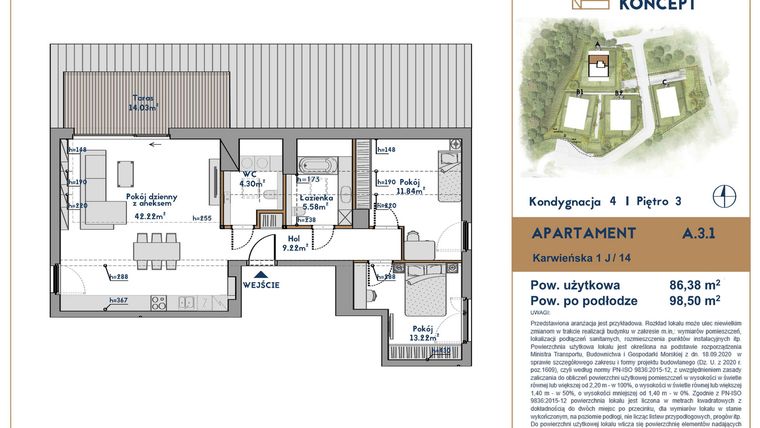 Rzut - Mieszkanie na sprzedaż 3 pokoje o powierzchni 86,38 m² - numer A.3.1 w Oliva Koncept II