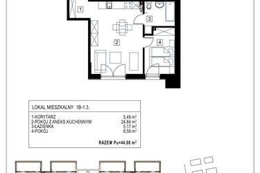 Rzut - Mieszkanie na sprzedaż 2 pokoje o powierzchni 44,08 m² - numer 1B-1.3 w Gardenia Pogodno