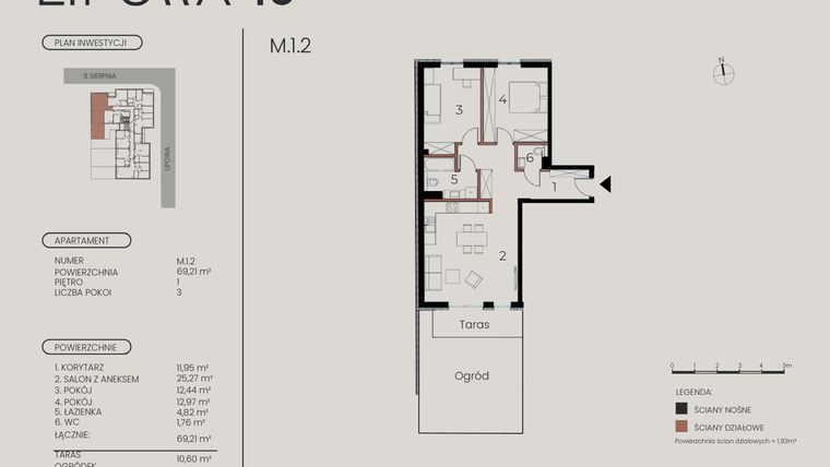 Rzut - Mieszkanie na sprzedaż 3 pokoje o powierzchni 69,21 m² - numer M.1.2 w Lipowa 43