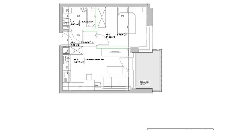 Rzut - Mieszkanie na sprzedaż 2 pokoje o powierzchni 34,58 m² - numer A6 w Laurowy Zakątek