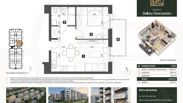 Rzut - Mieszkanie na sprzedaż 2 pokoje o powierzchni 39,4 m² - numer B1.M30 w Osiedle Zielona Chorzowska