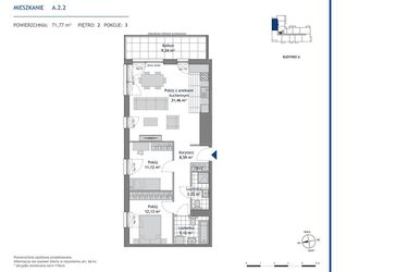 Rzut - Mieszkanie na sprzedaż 3 pokoje o powierzchni 71,77 m² - numer A.2.2 w Linea bud. A