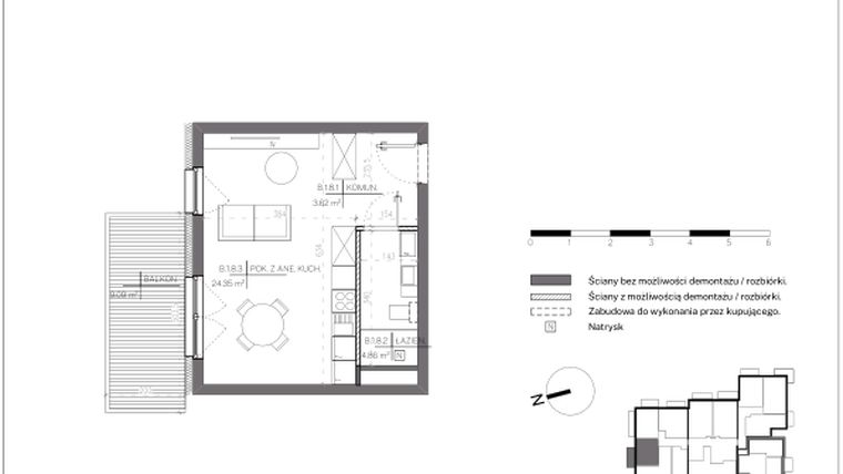 Rzut - Mieszkanie na sprzedaż 1 pokój o powierzchni 32,83 m² - numer B.1.8 w Polanka 21