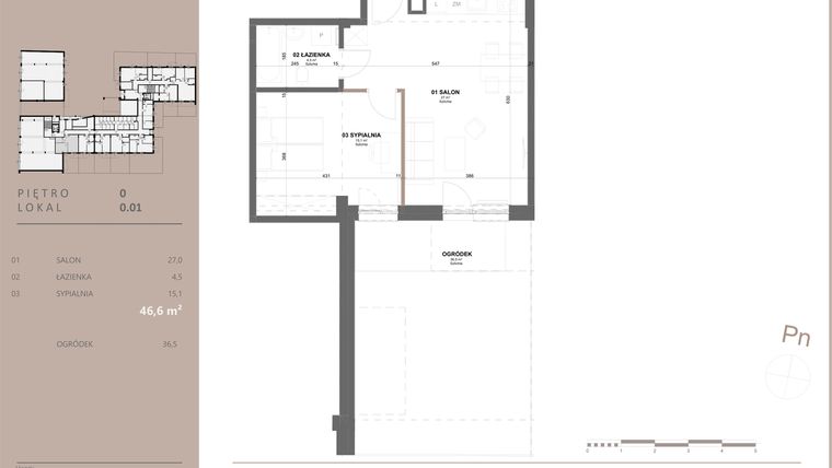 Rzut - Mieszkanie na sprzedaż 2 pokoje o powierzchni 46,6 m² - numer 1 w BETWEEN