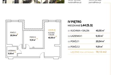 Rzut - Mieszkanie na sprzedaż 3 pokoje o powierzchni 78,13 m² - numer L44-5.3 w Zimowa Apartamenty