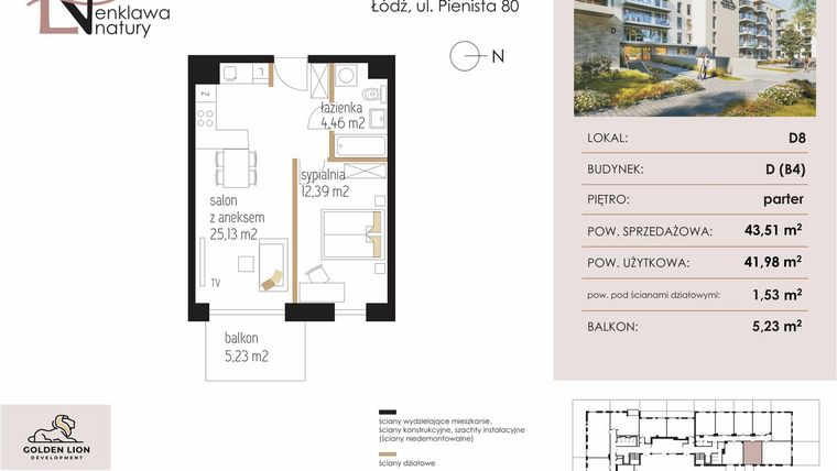 Rzut - Mieszkanie na sprzedaż 2 pokoje o powierzchni 43,51 m² - numer D8 w Enklawa Natury