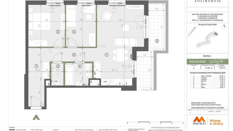 Rzut - Mieszkanie na sprzedaż 3 pokoje o powierzchni 71,07 m² - numer F2.A.01.03 w Sady Żoliborz II