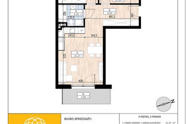 Rzut - Mieszkanie na sprzedaż 3 pokoje o powierzchni 57,68 m² - numer B1/2/1 w ACCANTO