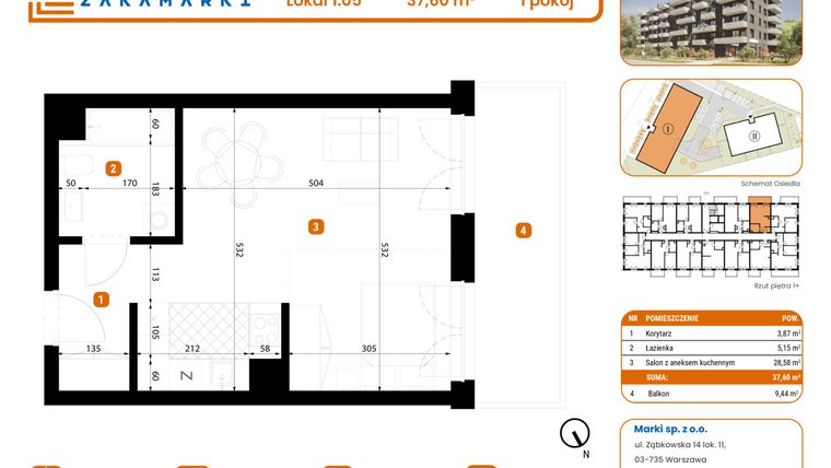 Rzut - Mieszkanie na sprzedaż 1 pokój o powierzchni 37,6 m² - numer B1/1/05 w Zakamarki