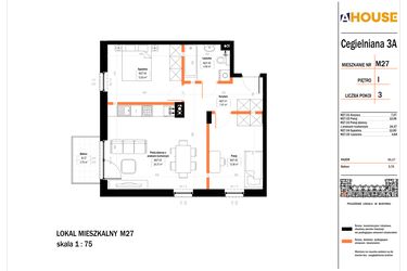 Rzut - Mieszkanie na sprzedaż 3 pokoje o powierzchni 61,17 m² - numer 27 w Osiedle StaLove etap II