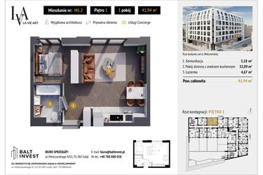 Rzut - Mieszkanie na sprzedaż 1 pokój o powierzchni 41,94 m² - numer M1.2 w La Vie Art