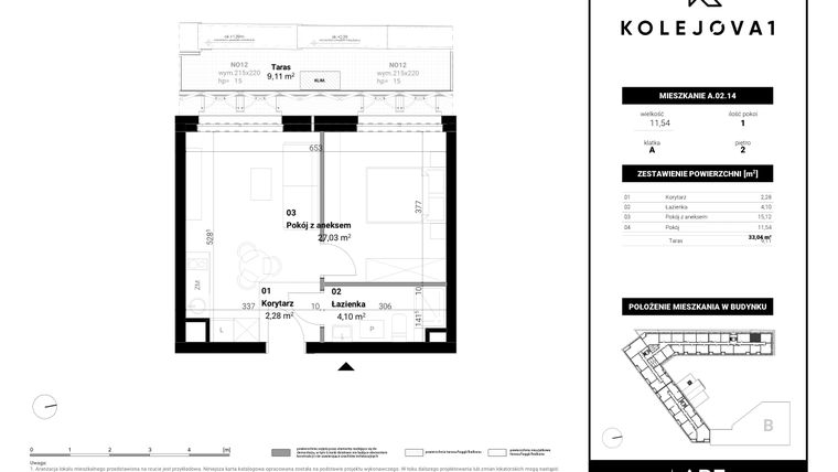 Rzut - Mieszkanie na sprzedaż 1 pokój o powierzchni 33,41 m² - numer A-02-14 w Kolejova 1