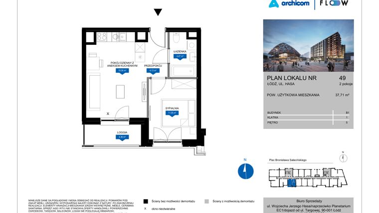 Rzut - Mieszkanie na sprzedaż 2 pokoje o powierzchni 37,71 m² - numer 49 w Flow
