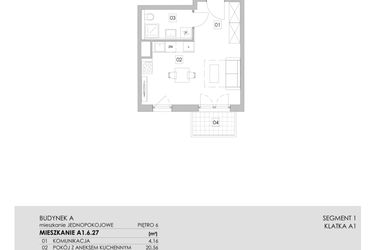 Rzut - Mieszkanie na sprzedaż 1 pokój o powierzchni 29,52 m² - numer A1.6.27 w ATAL Ruczaj