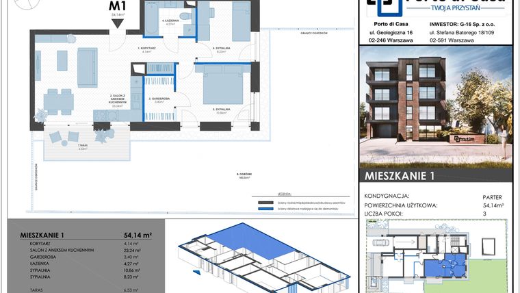 Rzut - Mieszkanie na sprzedaż 3 pokoje o powierzchni 54,14 m² - numer M1 w Porto di Casa - Twoja przystań