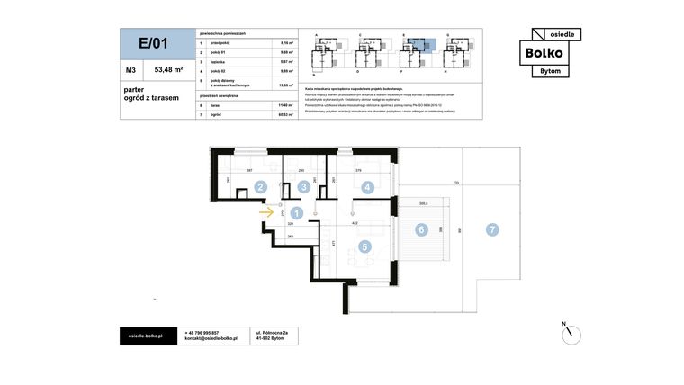 Rzut - Mieszkanie na sprzedaż 3 pokoje o powierzchni 53,48 m² - numer E/01 w Osiedle Bolko etap II