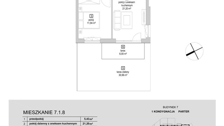 Rzut - Mieszkanie na sprzedaż 2 pokoje o powierzchni 44,67 m² - numer 7.1.8 w Osiedle Przyjemne IV