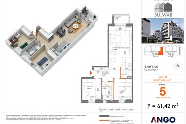 Rzut - Mieszkanie na sprzedaż 3 pokoje o powierzchni 61,42 m² - numer B3.5 w Bulwar bud. 3