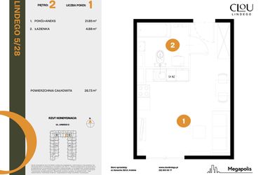 Rzut - Mieszkanie na sprzedaż 1 pokój o powierzchni 26,73 m² - numer 28 w CLOU LINDEGO